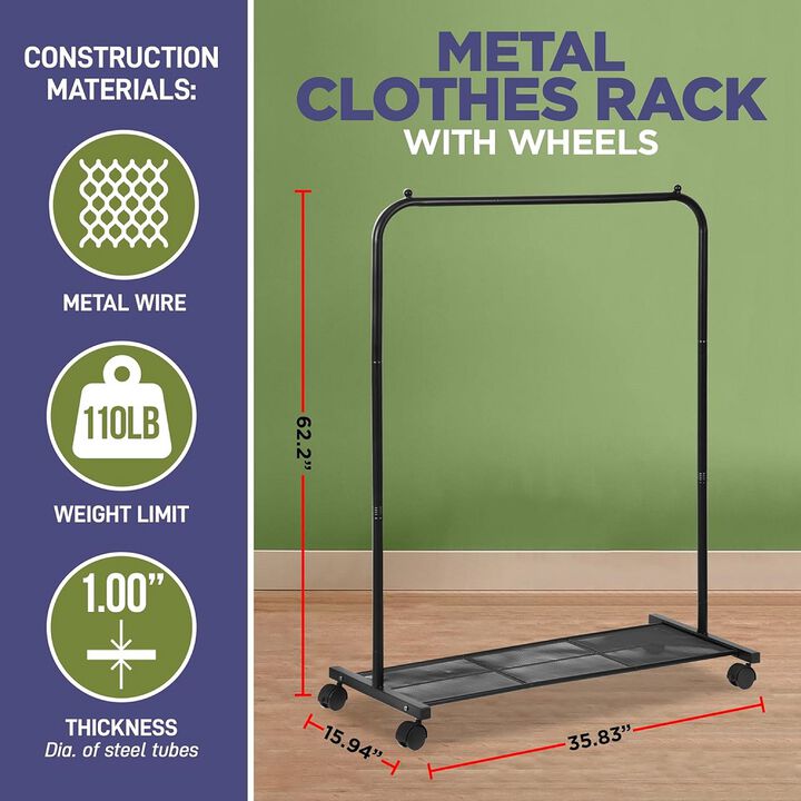 Lifemaster Metal Clothes Rack - Pack of 2 Versatile, Ample Storage Space, Simple Assembly, Hanging Garment and Clothes Rolling Rack with Wheels - Black