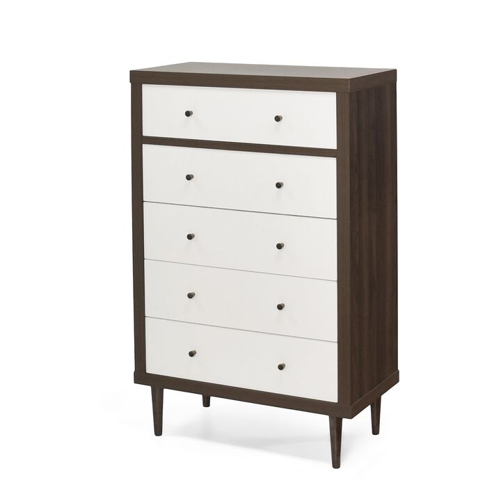 Minie Tall Dresser Chest, 4 Drawers, Rubberwood White, Walnut Brown - Benzara