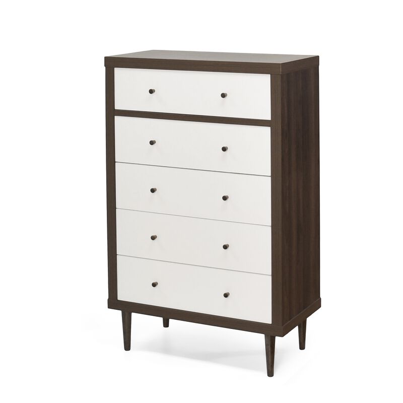 Minie Tall Dresser Chest, 4 Drawers, Rubberwood White, Walnut Brown - Benzara