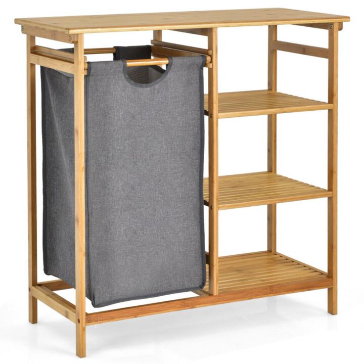 Hivvago Bamboo Laundry Hamper Stand with Removable Sliding Bag and 3-Tier Open Shelves