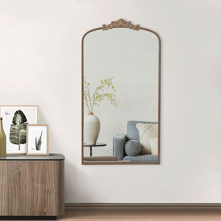 Kea 66 Inch Wall Mirror, Gold Curved Metal Frame, Ornate Baroque Design