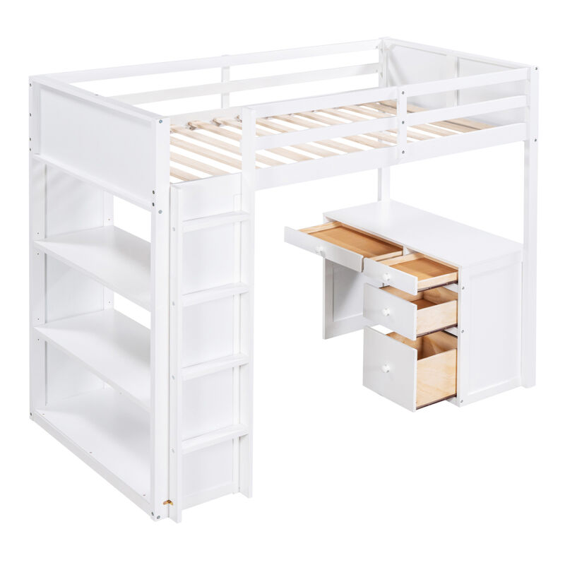 Twin Size Loft Bed With Ladder, Shelves, And Desk