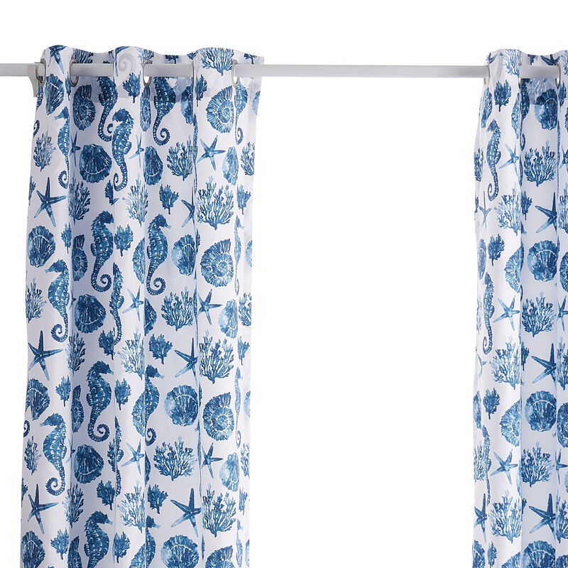 Riga 84 Inch Window Curtains, Blue Seashells Print, Microfiber, Rod Pockets - Benzara