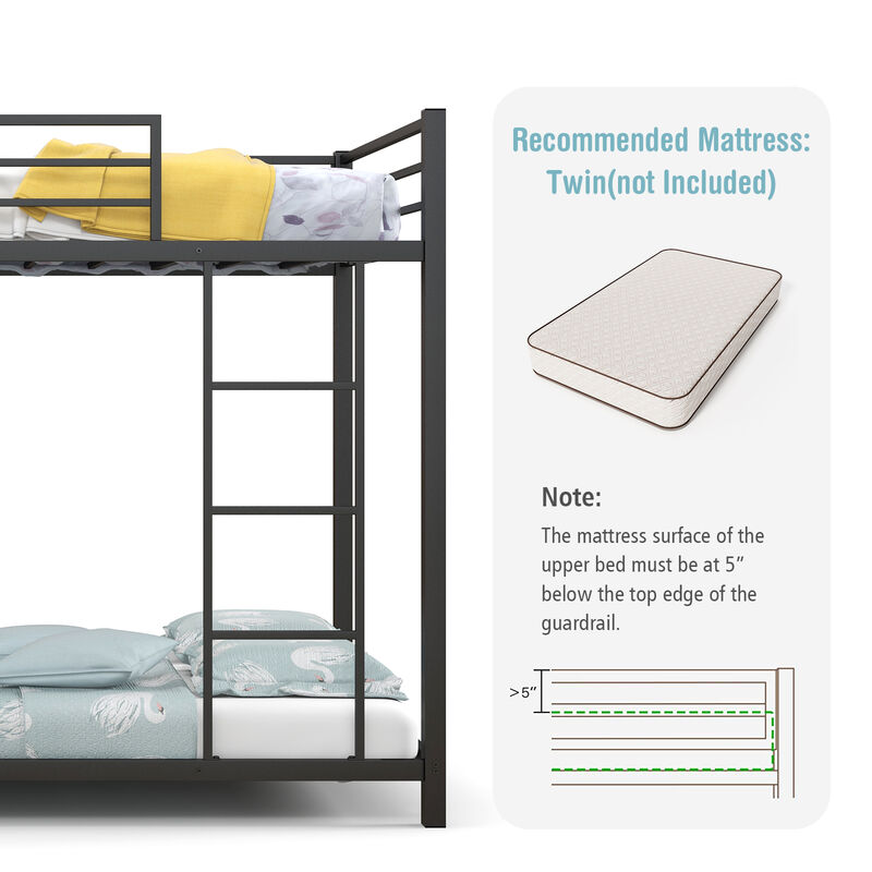 Low Profile Twin Over Twin Metal Bunk Bed with Full-length Guardrails