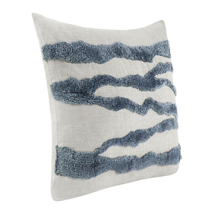 Poll Square Accent Throw Pillow, 22 Inch, Down Fill, Blue, Ivory Linen - Benzara