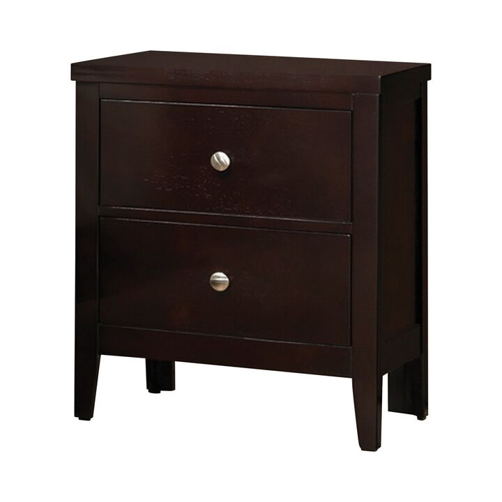 Con 26 Inch Modern 2 Drawer Nightstand, Silver Knobs, Cappuccino Brown-Benzara