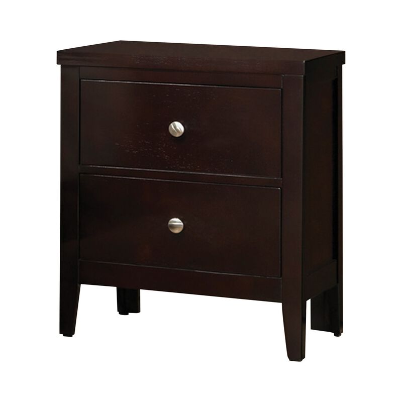 Con 26 Inch Modern 2 Drawer Nightstand, Silver Knobs, Cappuccino Brown-Benzara