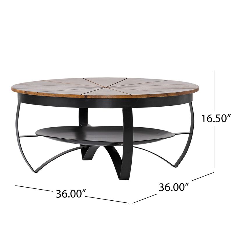 Coffee Table, 36 Inch, Round Mango Wood Top, Iron Curved Legs, Brown - Benzara