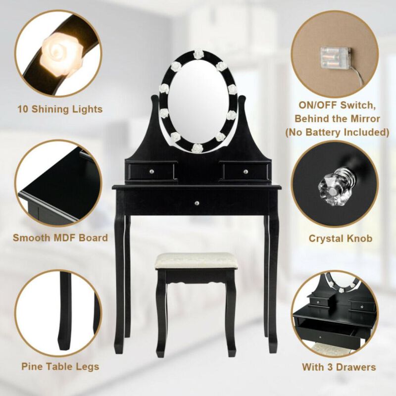 Hivvago 3 Drawers Lighted Mirror Vanity Dressing Table Stool Set-Black