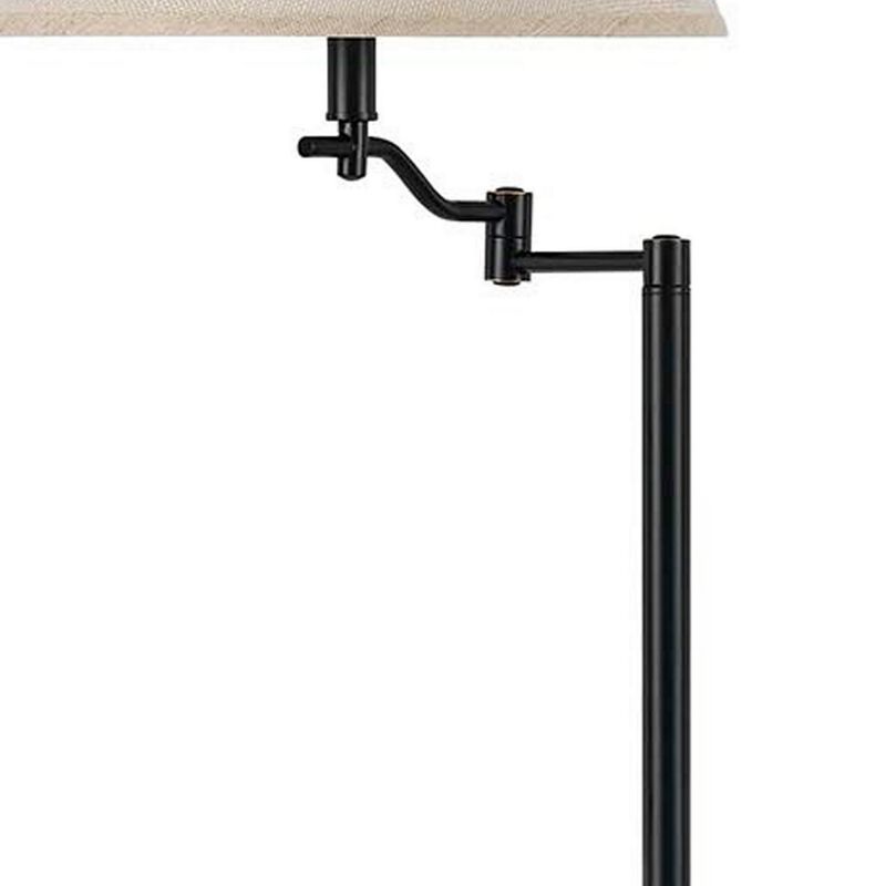 3 Way Metal Body Floor Lamp with Swing Arm and Conical Fabric Shade, Black-Benzara