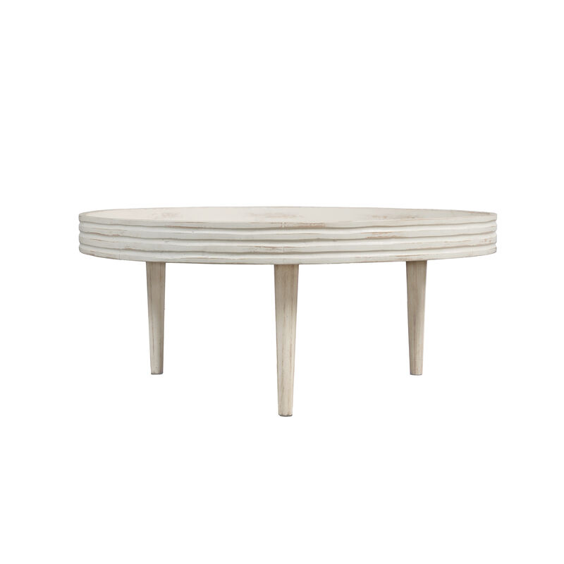 33 Inch Coffee Table, Solid Mango Wood, Handcrafted Round Grooved Raised Edge, Distressed White - Benzara