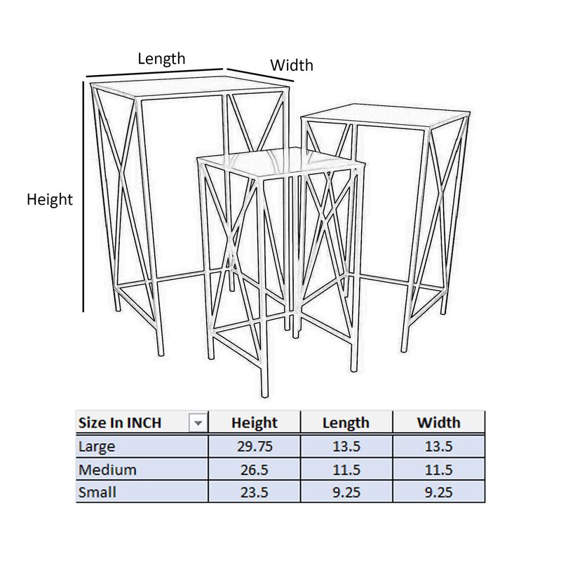 Hyan Modern Plant Stand Side Table Set of 3, Crossed Black Metal Frame - Benzara