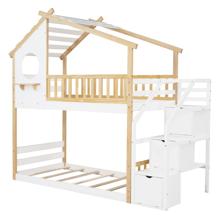 Stairway Twin-Over-Twin Bunk Bed, House Bed, Storage And Guard Rail, Natural Bed + Stair