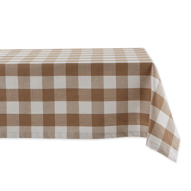 60" x 104" White and Stone Brown Buffalo Check Table Cloth