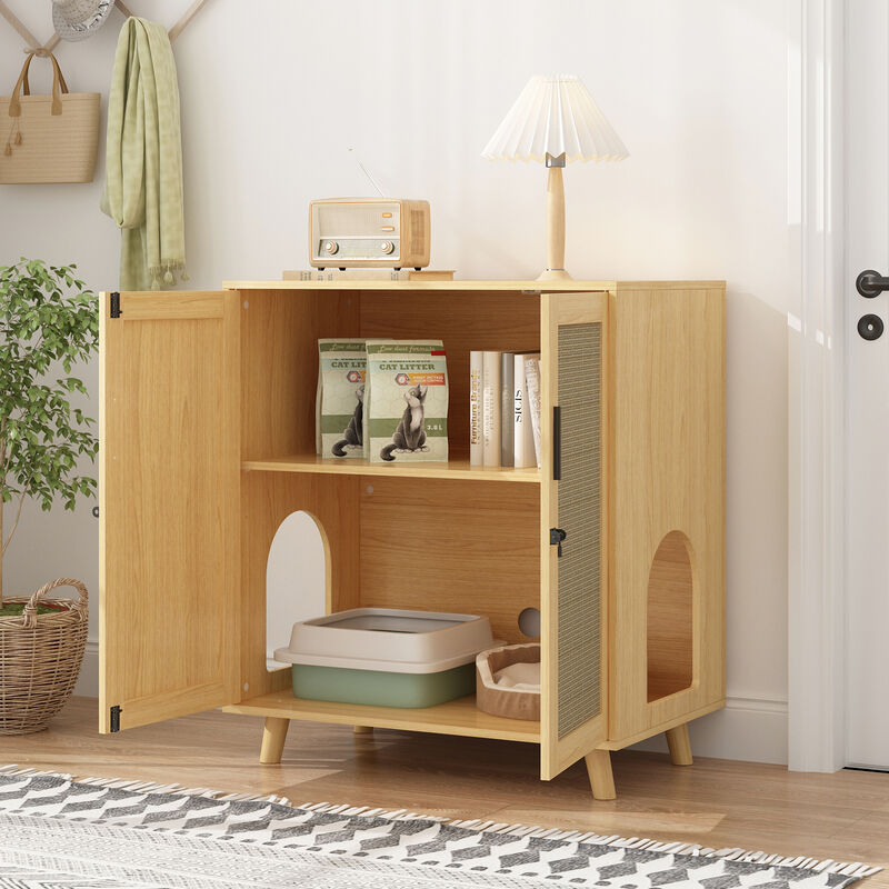 Cat Litter Box Enclosure with Lock Sisal Door, Modern Hidden Litter Box Furniture Cat Washroom Storage for Living Room