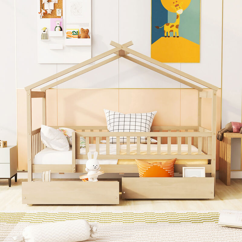 Merax Twin Size Wooden House Bed with 2 Drawers