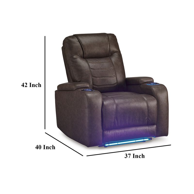 Scon Power Recliner Chair, 37 Inch, LED Light, Brown Faux Leather - Benzara