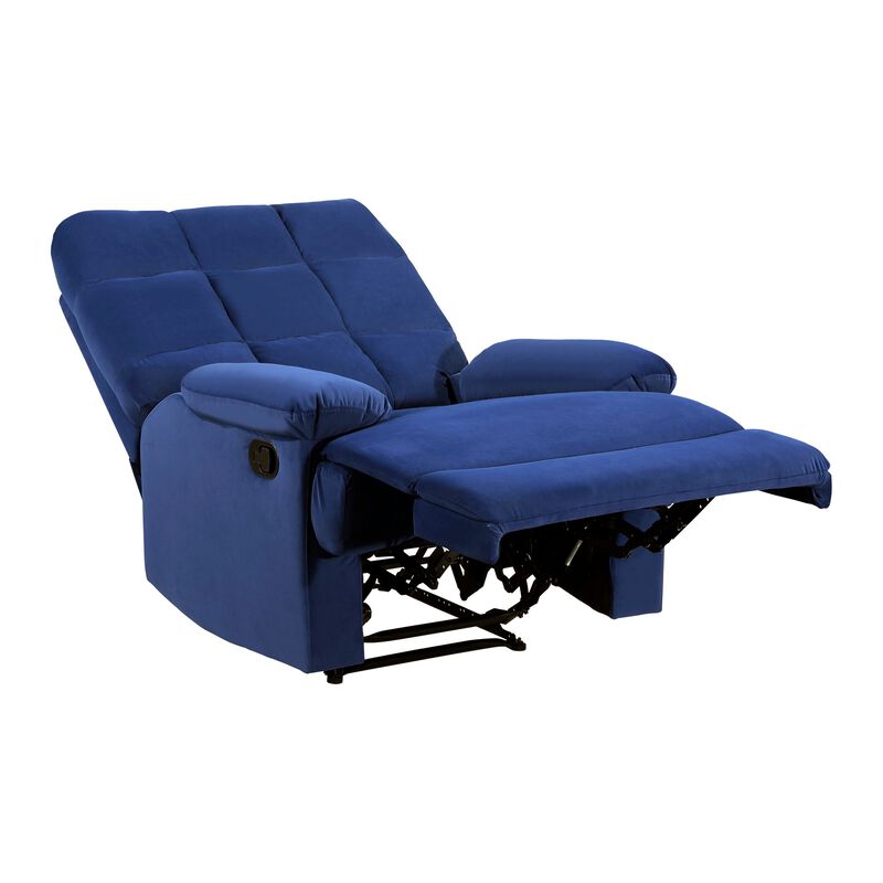 Patty 36 Inch Manual Recliner Chair, Cushioned, Blue Velvet, Solid Wood - Benzara