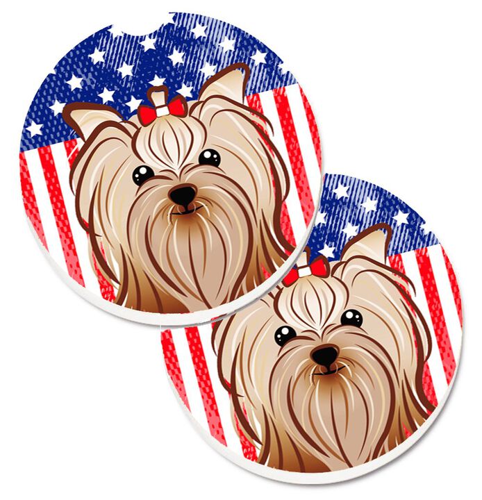 Caroline's Treasures American Flag & Yorkie Yorkishire Terrier Set of 2 Cup Holder Car Coasters BB2134CARC, 2.56, Multicolor