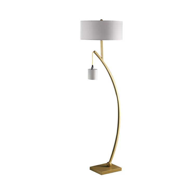 Benjara Table Jiya 59 Inch Arc Floor Lamp, Hanging Design, 2 Drum Shades, Gold and White