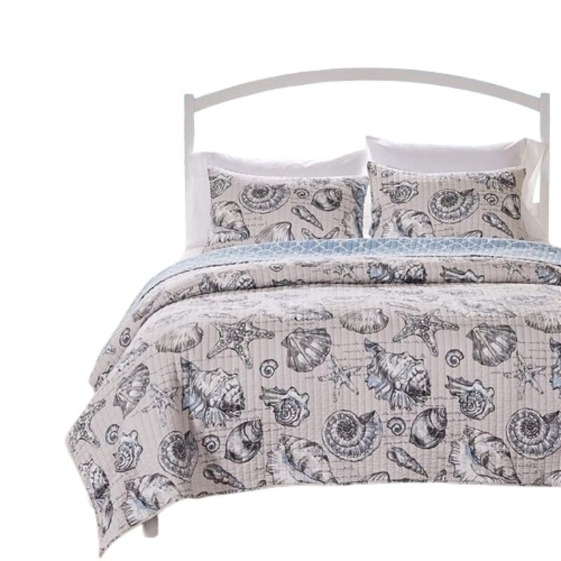 Hivvago Twin/Twin XL size 2 Piece Microfiber Beach Shells Coastal Reversible Quilt Set