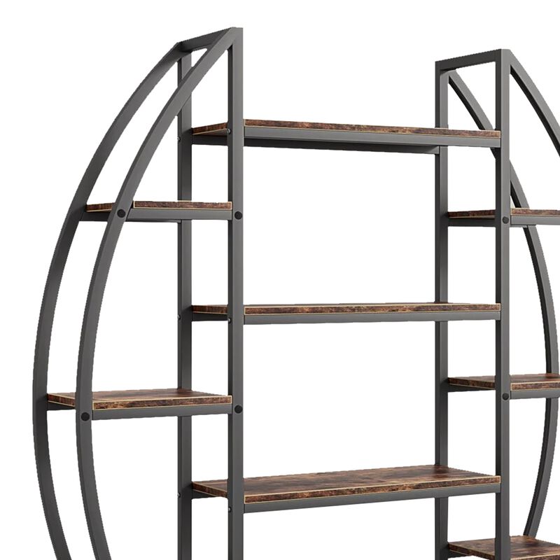 Oval Bookshelf, 12 Brown Wood Shelves, 5 Tier Black Frame, 69 Inch - Benzara