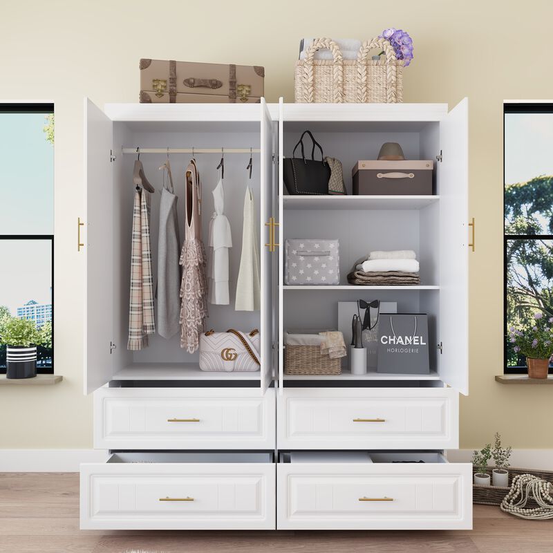 FUFU&GAGA 4-Door Wardrobe Closet with 4 Drawers, Cube Storage, and Hanging Rod - Coastal Style White Armoire Wardrobe Cabinet,(63" W x 20.6" D x 74.2" H),White