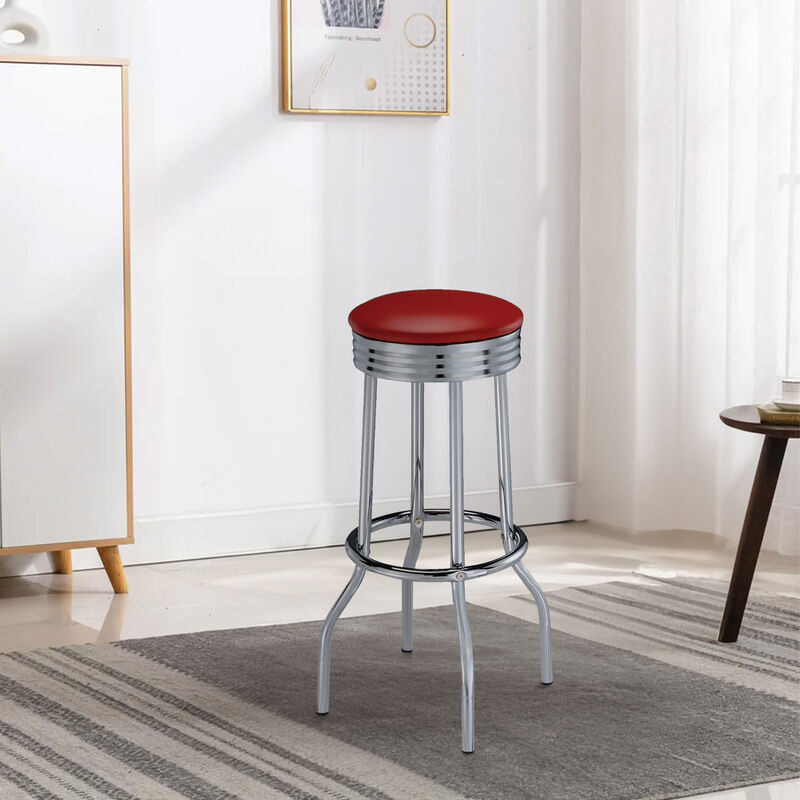 30 Inch Set of 2 Retro Barstools, Retro Red Faux Leather Seats, Chrome Legs-Benzara