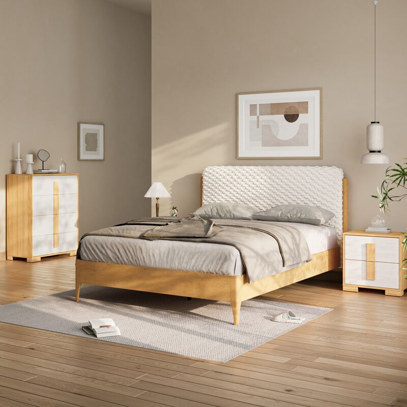 LuxenHome Quilted Upholstered Headboard with Rubberwood Frame Platform Bed, Queen