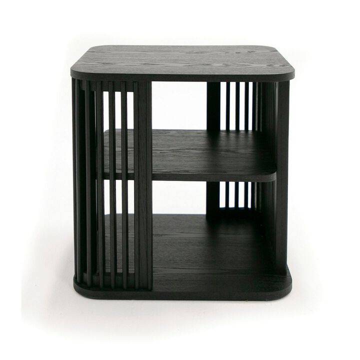 19 Inch Side End Table, 3 Shelves, Modern Vertical Slats, Black Ash Wood - Benzara