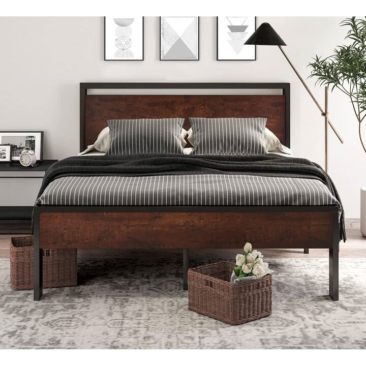 Hivvago Queen Metal Platform Bed Frame with Mahogany Wood Panel Headboard Footboard
