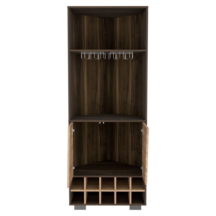 DEPOT E-SHOP Nassau Corner Bar Double Door Cabinet, Ten Built-in Wine Rack, Two Shelves, One Interior Shelf, Dark Oak / Pine