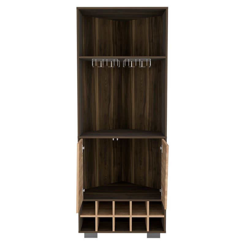 DEPOT E-SHOP Nassau Corner Bar Double Door Cabinet, Ten Built-in Wine Rack, Two Shelves, One Interior Shelf, Dark Oak / Pine