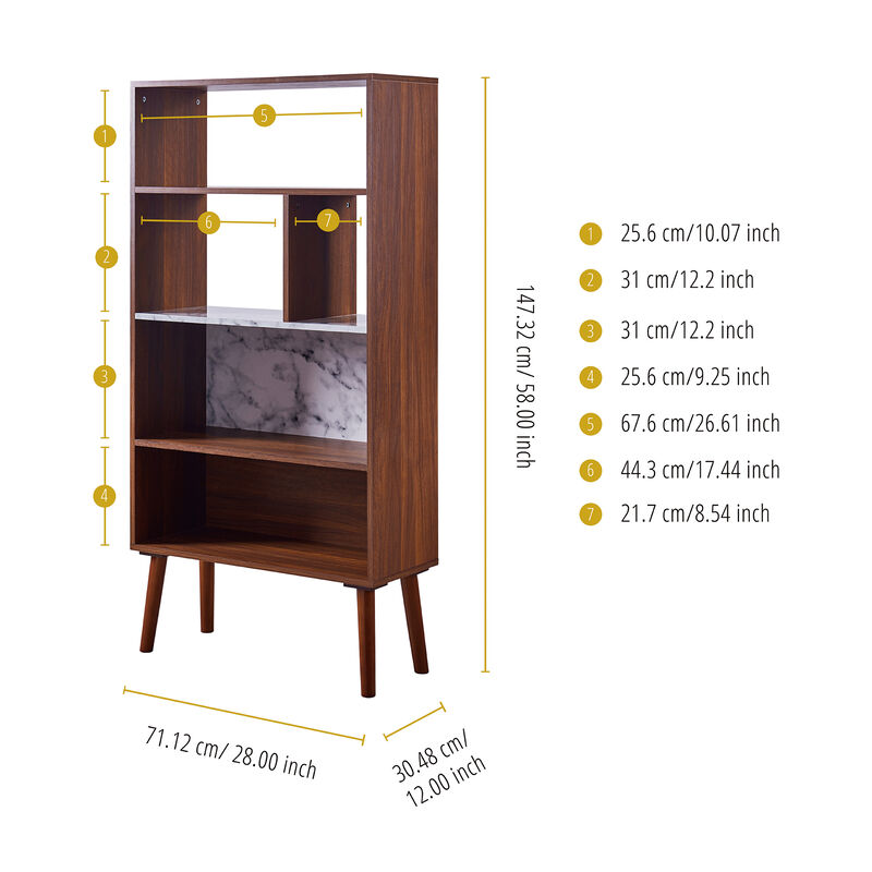 Teamson Home Kingston Wooden Bookcase with Marble-Look Top, Faux Marble/Walnut
