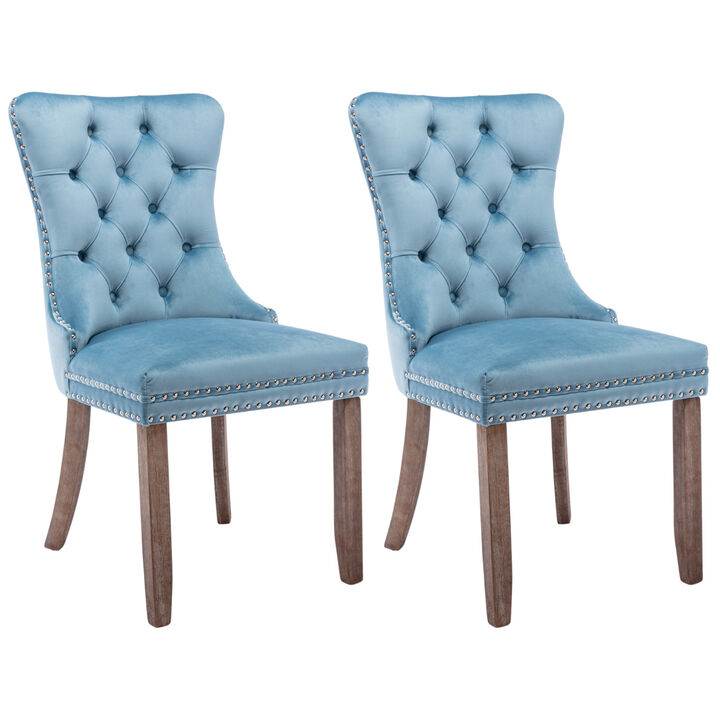 Set of 2 Tufted Velvet Dining Chairs, Legs, Nailhead Trim, Solid Wood Frame