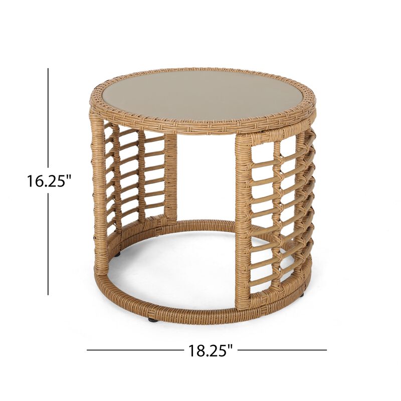 Round Side Table, 18 Inch Tempered Glass Top, Steel, Brown Faux Rattan - Benzara