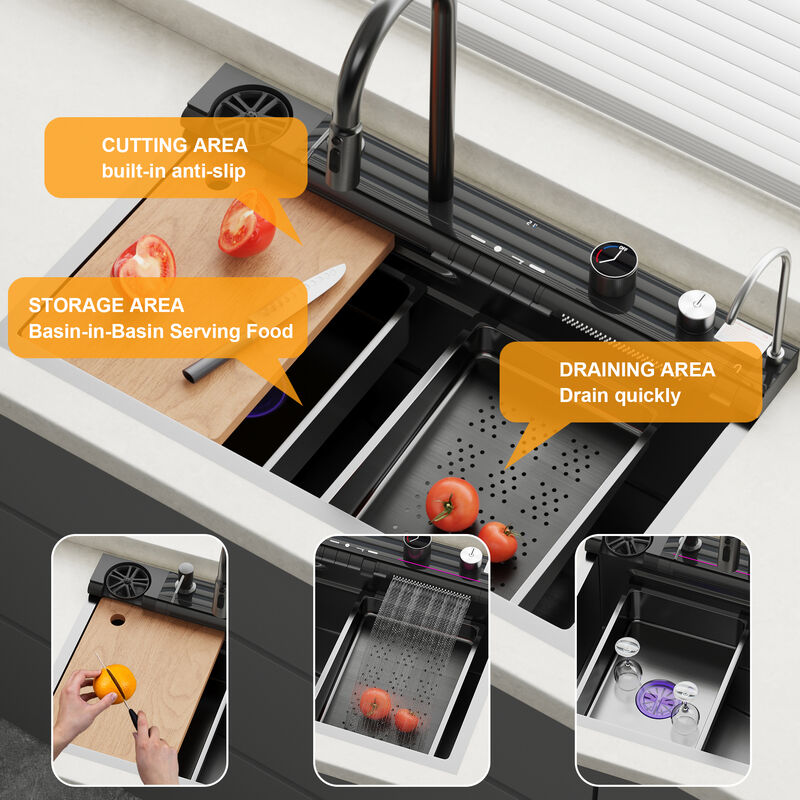 FUFU&GAGA  304 Stainless Steel Kitchen Sink with PVD Nano Black Coating & Smart Features, (29.5" L x 17.7" W x 8.7" H), Black
