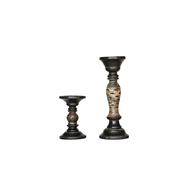 Traditional Dark Polish Eco-friendly Handmade Mango Wood Set Of Two 6" & 12" Pillar Candle Holder BBH Homes