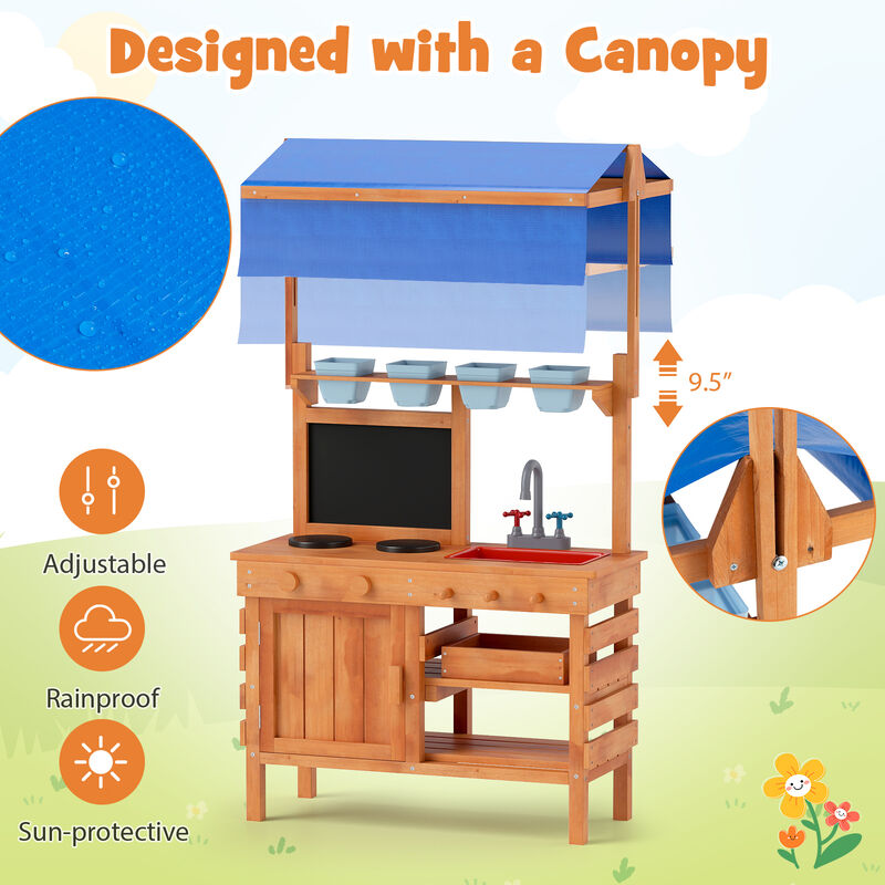 Wooden Pretend Play Kitchen with Height Adjustable Canopy for Kids