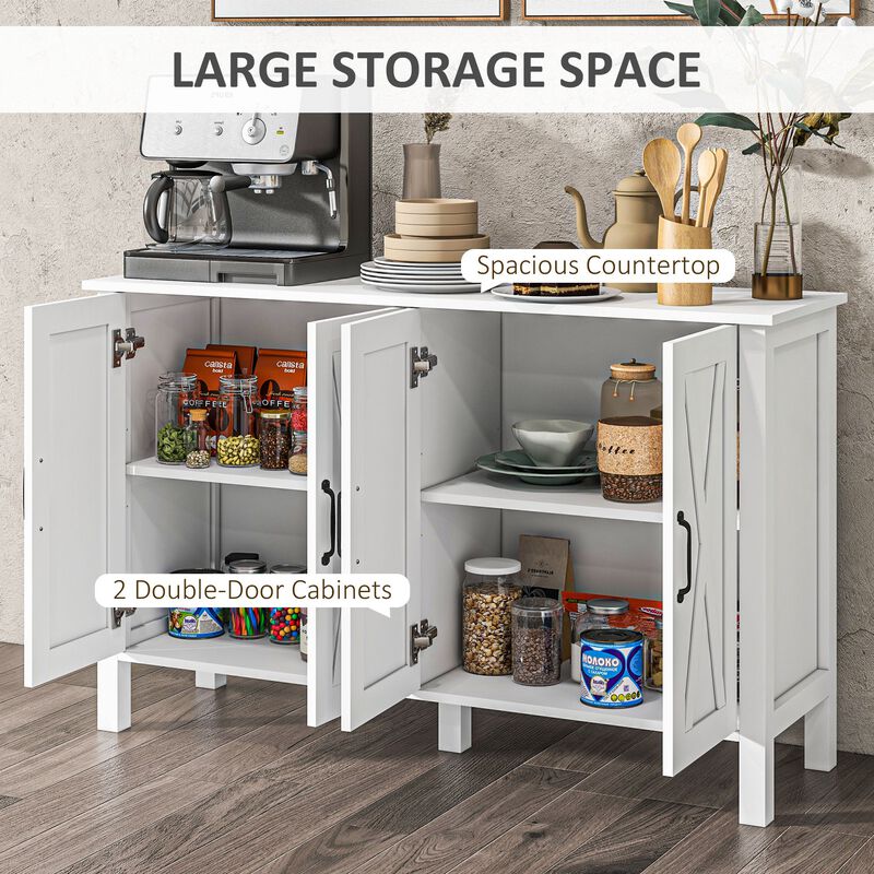 White Buffet Cabinet: 4 Barn Doors, Adjustable Shelves