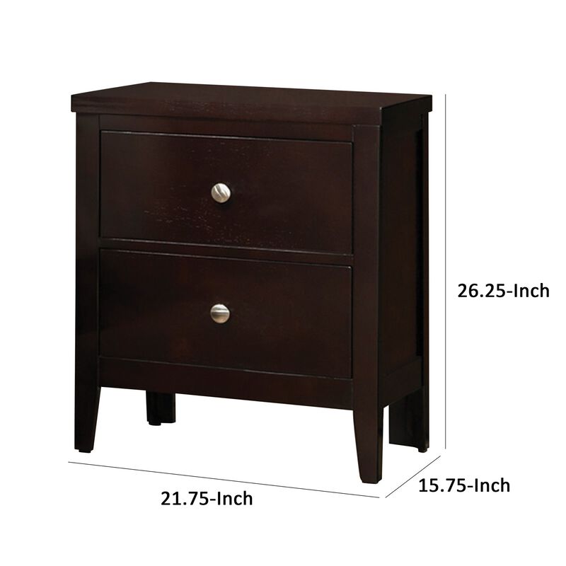 Con 26 Inch Modern 2 Drawer Nightstand, Silver Knobs, Cappuccino Brown-Benzara