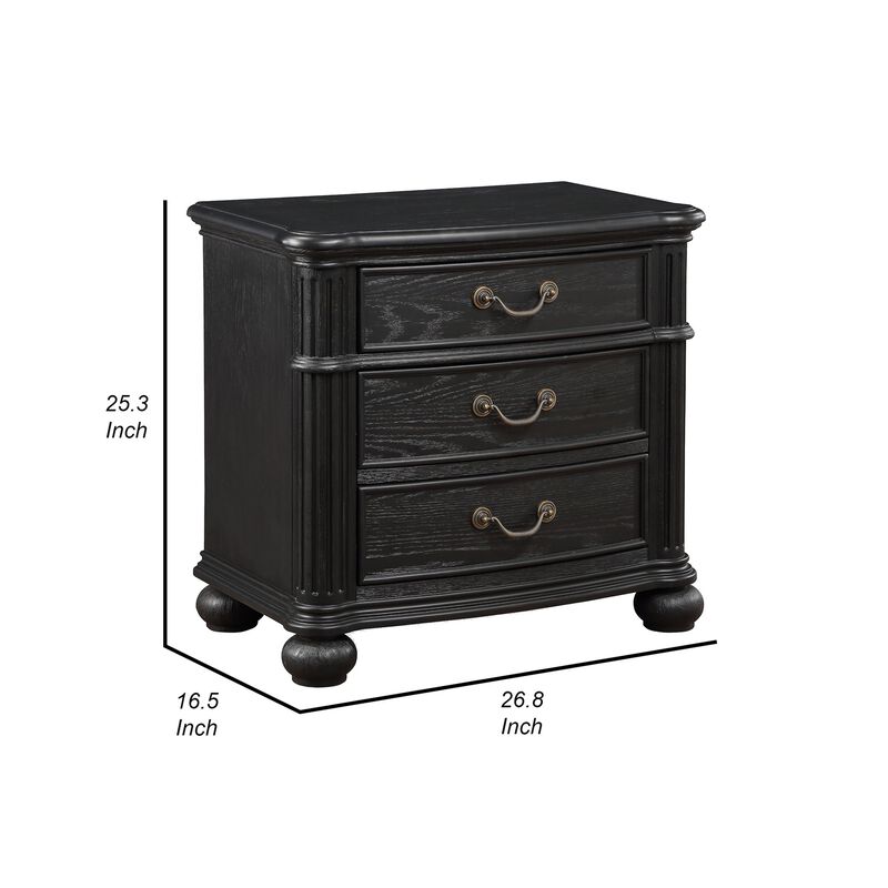 Berry 27 Inch Nightstand, Wood, Metal Handles, 3 Drawers, Classic Black - Benzara