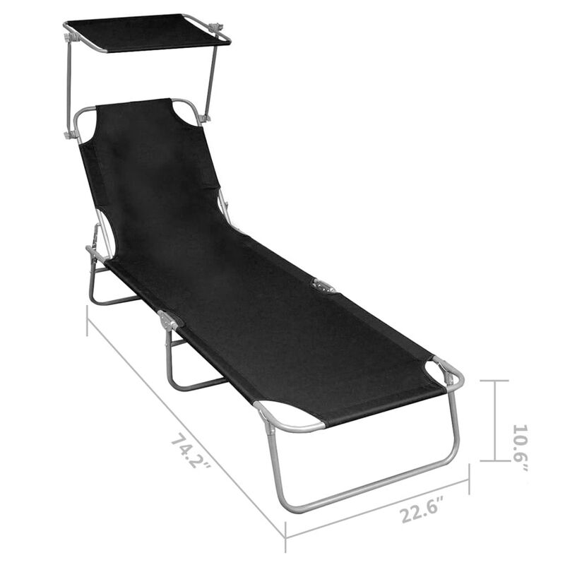 Keli Outdoor Folding Chaise Lounger, Canopy, Black Polyester, 74 Inch - Benzara