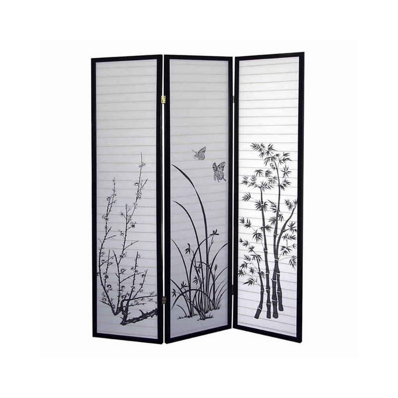 Naturistic Print Wood and Paper 3 Panel Room Divider, White and Black-Benzara