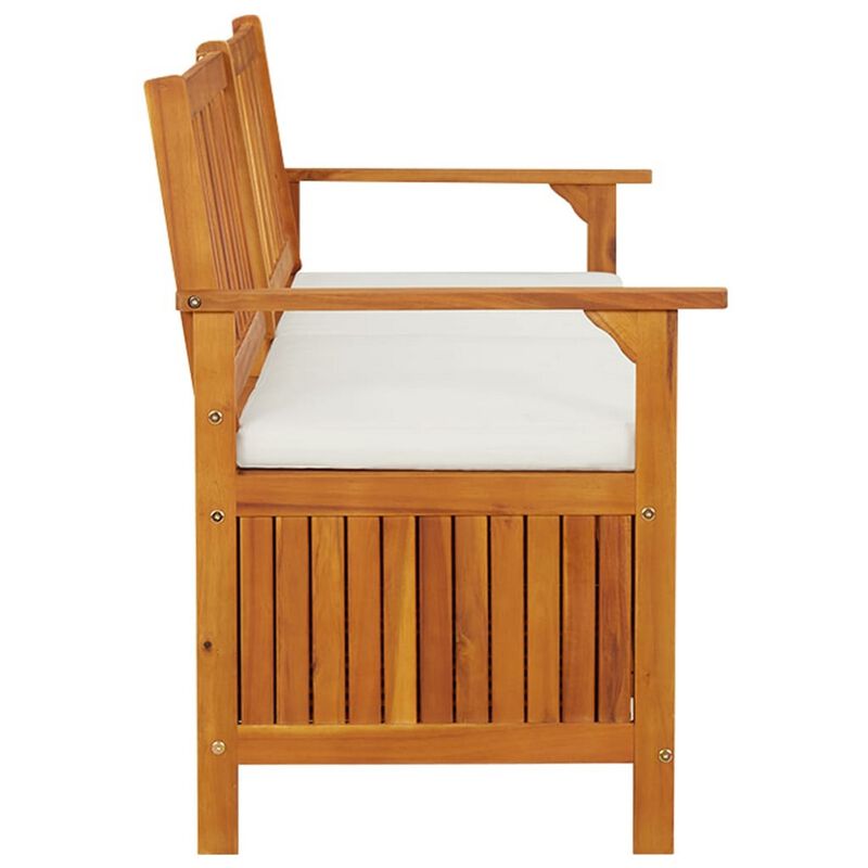 Outdoor Storage Bench, White Fabric Cushion, 66 Inch Brown Acacia Wood - Benzara