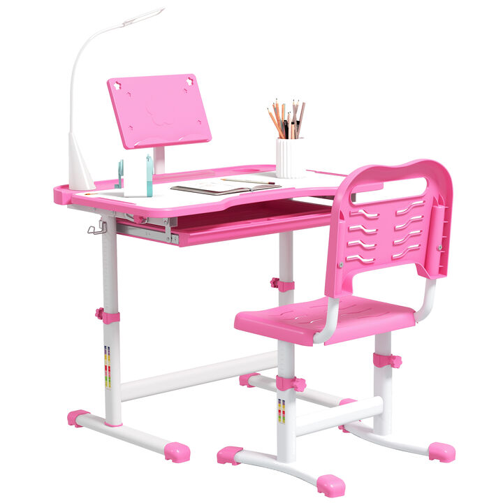 Qaba Kids Desk and Chair Set with Tilt Desktop, Storage Drawer, Pink