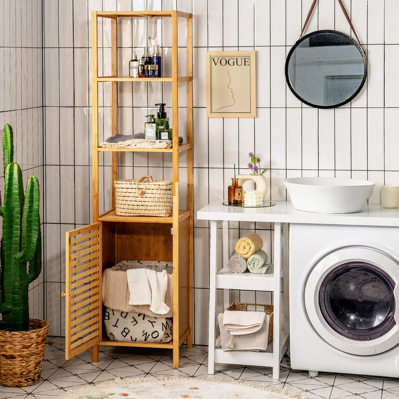 Costway 4 Tiers Bamboo Bathroom Storage Floor Cabinet Tower Corner Rack w/ Louvered Door