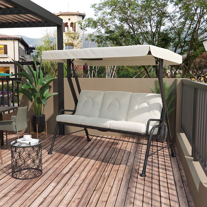 Cream White Porch Swing: 3-Seat Patio Chair with Adjustable Canopy