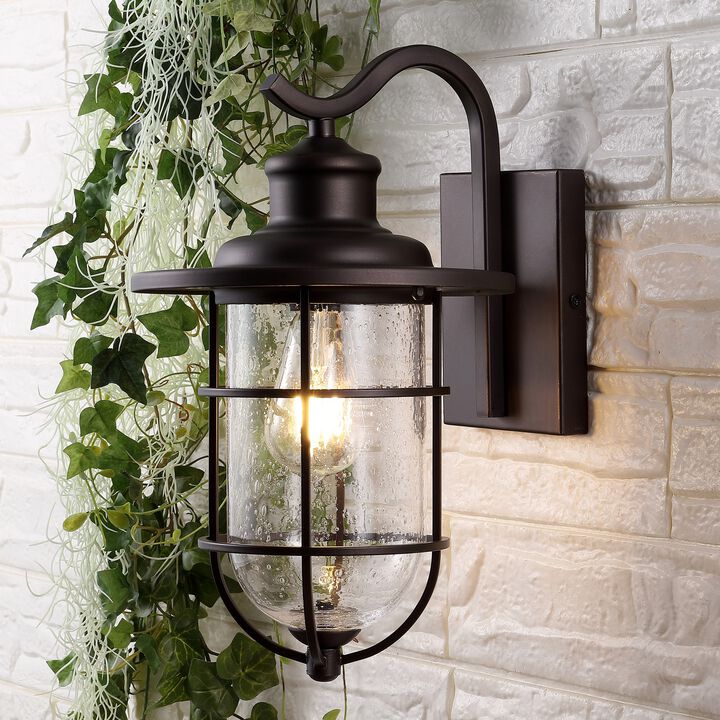 Westfield 1-Light Iron/Seeded Glass Rustic Industrial Cage LED Outdoor Sconce