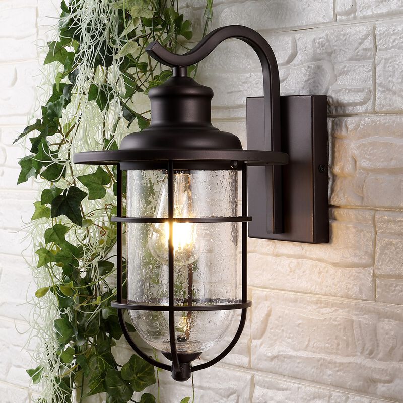 Westfield 1-Light Iron/Seeded Glass Rustic Industrial Cage LED Outdoor Sconce